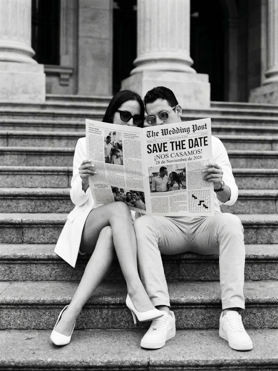 Yessi y Pablo leyendo The Wedding Post con el anuncio de su boda, en las escalinatas de un edificio clásico