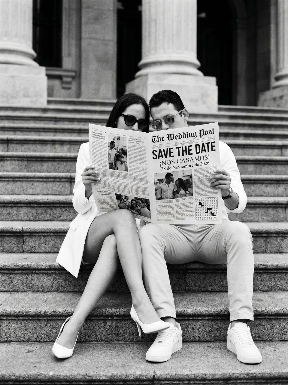 Yessica y Pablo leyendo The Wedding Post con el anuncio de su boda, en las escalinatas de un edificio clásico